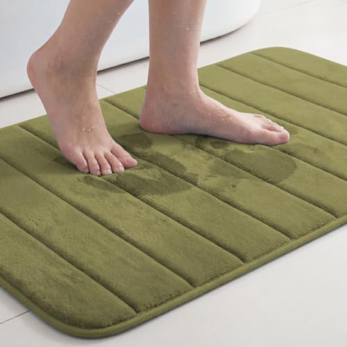Flamingo P Memory Foam Bath Mat, Extra Soft Non Slip Quick Dry Absorbent Bathroom Shower Rugs Machine Washable, 20x32 Inches, Olive