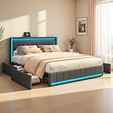 Cama tapizada de 160 x 200 cm, camas de Matrimonio de con cabecero LED y función de Carga USB C y 4 cajones, juvenil con somier de madera, estructura de cama doble, lino, gris oscuro, sin colchón