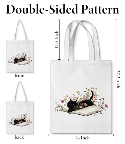 Image of Cute Cat Canvas Tote Bag for Women， Aesthetic Reusable Shoulder Bag for Shopping Travel Work