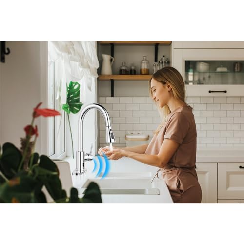 Qomolangma Touchless Kitchen Faucet with Pull Down Sprayer, Chrome Hands-Free Smart Motion Sensor Single Handle Kitchen Faucets, High Arc Kitchen Sink Faucet 1 or 3 Hole with Deck