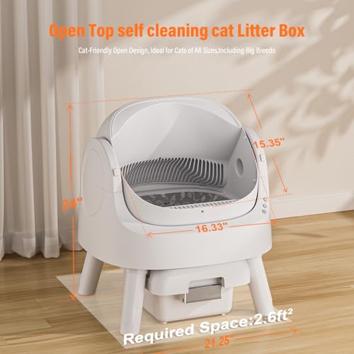 Open-Top Self Cleaning Cat Litter Box, Automatic Cat Litter Box for Multiple Cats with Trash Bags and Litter Mat Included, White