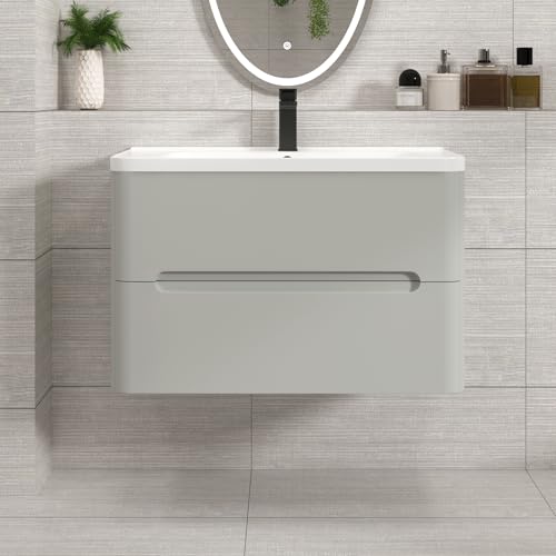 Venice 800mm Wall Hung Bathroom Vanity Unit With Basin | 1 Tap Hole Ceramic Bathroom Sink | Matt Dove Grey Finish | Soft Close Drawer Storage Cabinet