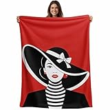 Fleece Throw Blanket, Fashion Girl Wearing Black Hat Lightweight Warm Coverlet Cozy Soft Flannel Blankets for Couch Bed Sofa Camping for All Seasons Black White Red
