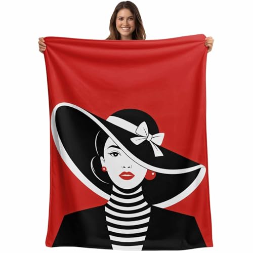 Fleece Throw Blanket, Fashion Girl Wearing Black Hat Lightweight Warm Coverlet Cozy Soft Flannel Blankets for Couch Bed Sofa Camping for All Seasons Black White Red