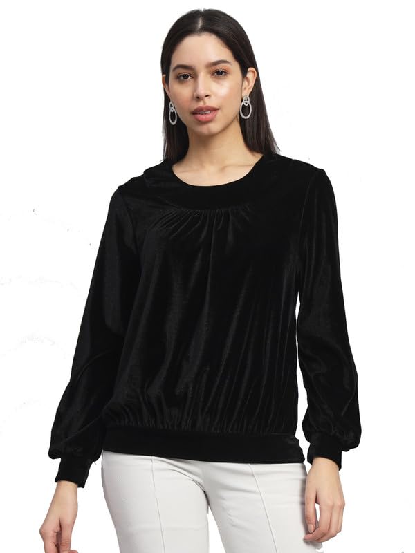 Velvet Blouson Top for Women | Round Neck Puff Sleeves Stylish Party Outfit