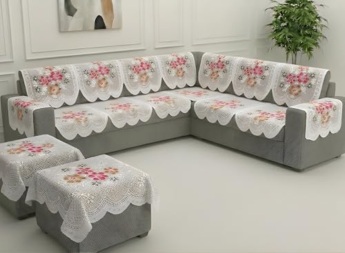 Image of Fab Nation Sofa Cover L Shape 6 Seater with Corner L Type Fully Covered Sofa Set for Living Room | Cotton Sofa Slipcovers for 3 + 3 Seaters Cover with 2 Arms + 2 Setty Covers | Yellow Diamond