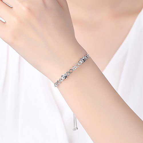 Image of Honeycomb Honeybees Bracelet Sterling Silver 925 with Black Enamel Adjustable Bangle Link Chain 10 inch