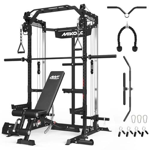 Mikolo Power Cage, 2000LB Power Rack with Independent Dual Pulley System, Multi-Function Home Gym Workout Machine for Cable Crossover (Black with Barbell)