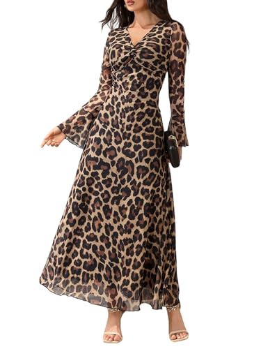 SweatyRocks Damen Langarm Kleid mit Leopardenmuster Kleider V-Ausschnitt Langkleid mit Glockenärmel Maxikleid A Linien Herbstkleid Leoparden M