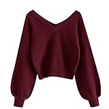 ZAFUL Women's Double V-Neck Long Sleeve Crop Sweater Loose Pullover Jumper (B-Wine Red, S)