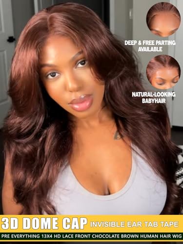 Image of Sunber Loose Body Wave Human Hair Glueless Auburn Brown Wig 18Inch | Wig with Drawstring Pre Everthing Pre Cut 13x4 HD Lace Frontal Wigs Pre Plucked Bleached Invisible Knots Put on Go Brown Wig