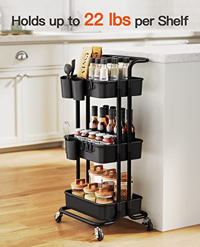 Pipishell 3-Tier Rolling Cart With Wheels, Rolling Storage Cart With 3 Hanging Cups & 4 Hooks, Mobile Utility Cart, Art Cart Organizer, Craft Cart For Office, Kitchen, Craft Room, Black, Piuc06B #TOP2