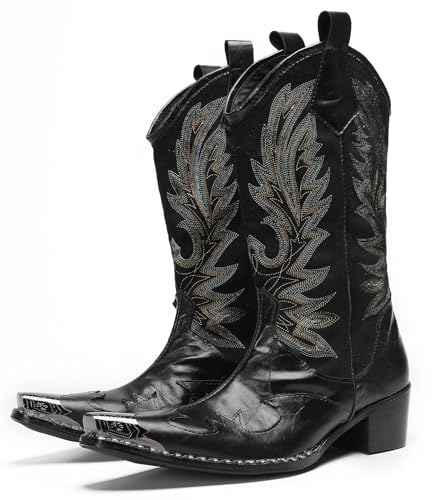 Santimon Cowboy Boots for Men Genuine Leather Metal Wingtip Toe Fashion Embroidered Western Boots- Handcrafted Luxury Men's Pull On Boots for Work and Casual Wear Black 13 US