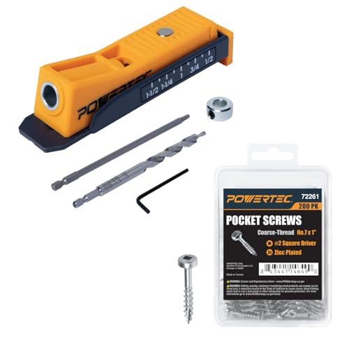 Image of POWERTEC 72497 Single Pocket Hole Jig Kit for Woodworking - with Drill Bit, Driver Bit, Hex Key, Stop Collar & 200 PK Pocket Hole Screws, Pan-Head, #2 Square Drive, 1 inch Coarse Thread