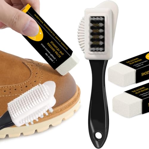 LCHYI Suede & Nubuck 4-Way Leather Brush With 2 Erasers Professional Suedes Brush Shoe Care Cleaning Eraser Rubber Shoes Scrubs Set Leather Suede Shoe Cleaner Kit