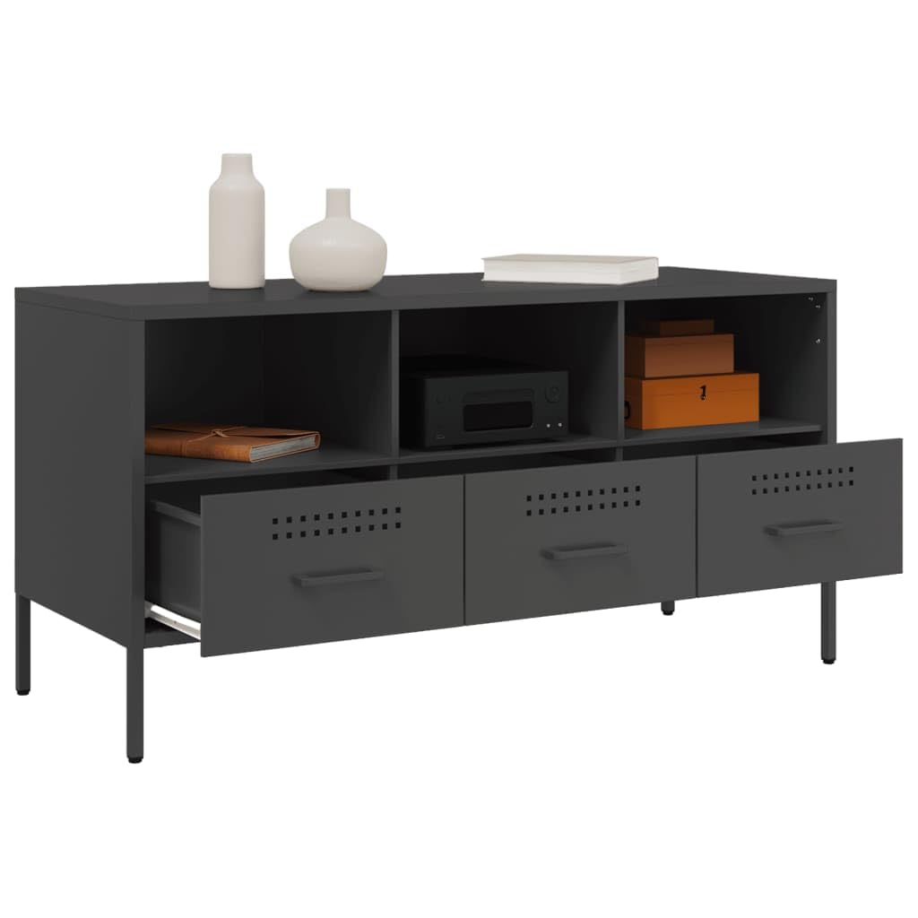 Genérico Mueble TV Negro 100,5x39x50,5 cm Acero | Estilo industrial, 4 patas ajustables, almacenamiento para revistas y DVD, montaje en pared incluido