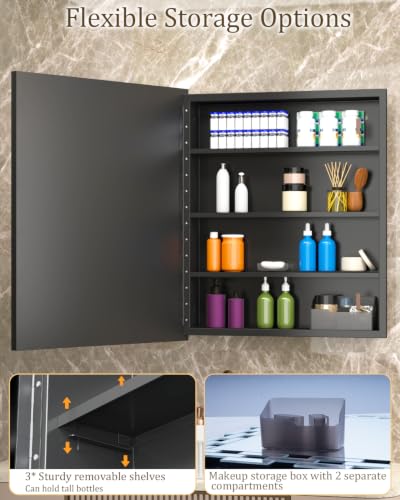 Image of 20x26 Inch Natural Shell Inlay Black Medicine Cabinet with Mirror, Bathroom Shatterproof Mirror with Storage, Reversible Installation Wall Mount or Recessed, Large Space 3 Shelves and 1 Organizer