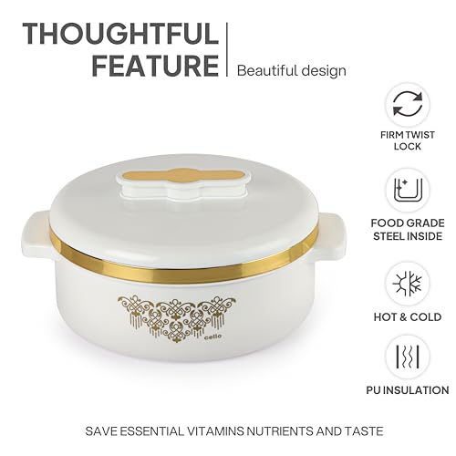 Image of CELLO Exotic 1000 Casserole Hot Pot Case for Daily Use 1000 ml, White | Double Wall PU Insulated Serving Hot & Warm Food Hot Pot Box | Stylish Airtight Kitchen Casserole Set for Roti Rice Biryani