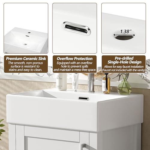20.28 Inch Bathroom Vanity with Ceramic Sink, Solid Wood Frame, Storage Cabinet and Drawer, Soft Close Door, Freestanding Bathroom Vanity, Space Saving Modern Bathroom Furniture, White Finish by Noble House Home Furnishings - Used condition - Image 9