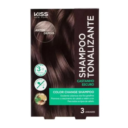 Kiss New York Shampoo Tonalizante, Castanho Escuro, 3 Unidades, Cobertura de Fios Grisalhos