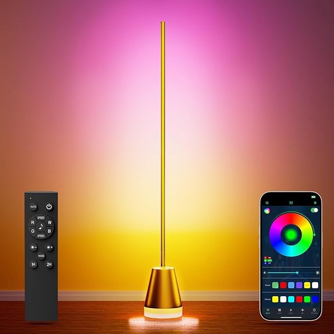 Image of Keepsmile Smart RGB LED Corner Floor Lamp,172 LEDs Bright Standing Lamps for Living Room with APP and Remote,Modern Floor Lamp with Music Sync and 16 Million Colors, Ambient Lighting for Bedroom Gold