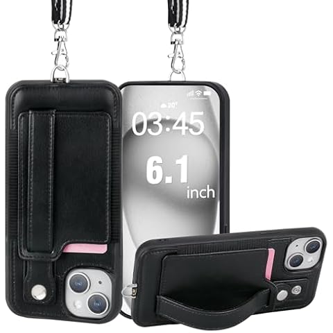 TOOVREN Wallet Case for iPhone 15 Case Compatible with iPhone 15 Wallet Case with Lanyard Card Holder Leather Case Detachable Fits iPhone 15 Case with Strap Stand for Women & Men 6.1 Inch Black Cover