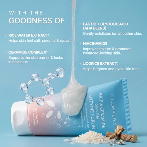 Image of Glamveda Glass Skin Enzyme Face Scrub | Daily Gentle Exfoliator for Smooth, Glowing Skin | Korean Rice Water, Ceramides & AHA BHA |300 gm| Pack of 3