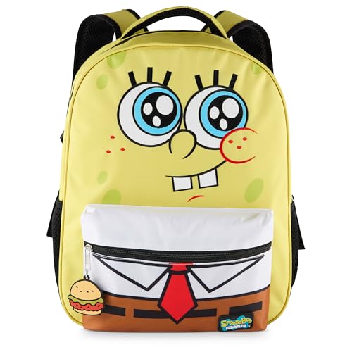 AI ACCESSORY INNOVATIONS SpongeBob Square Pants Backpack for Boys & Girls 16 Big Face Nylon Twill Bookbag w/Molded Hamburger Patty Dangle Yellow