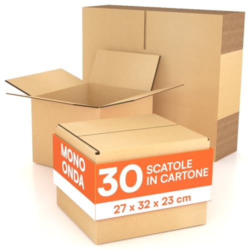 30 Scatole di Cartone 27x32x23 cm Eurocali per Trasloco Spedizioni E-Commerce Imballaggio Deposito - Scatoloni Mono Onda Made in Italy Rettangolari Multiuso Cartone Resistente Durevole - Colore Avana