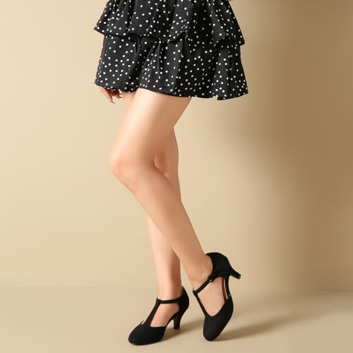 LIURUIJIA Women's T Strap Mary Jane Kitten Heels Pumps Vintage Low Heel Dress Shoes for Wedding Party Work Church Black Suede 8.54