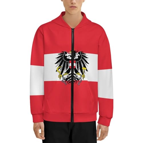 KAOEOSI Austrian Coat of Arms Eagle Flag Zipper Hoodie for Teens Long Sleeve Pullover Hooed Sweatshirt with Pocket XL