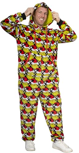 Officially Licensed Grinch Pajamas Adult Onesie Christmas Union Suit with Hood & Pockets for Men and Women - Santa Hat Face Multicolor