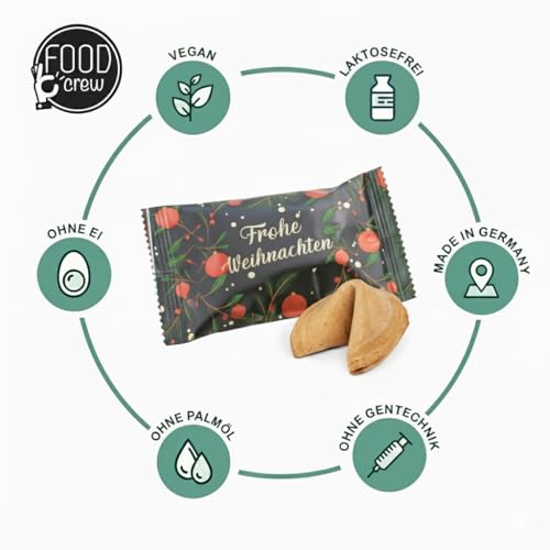 FOOD Crew 12x Weihnachtsglückskekse mit Spekulatius Geschmack - Glückskekse Weihnachten - Süßigkeiten Weihnachten - Gebäck Einzeln Verpackt mit deutschen Sprüchen - Vegan - Made in Germany