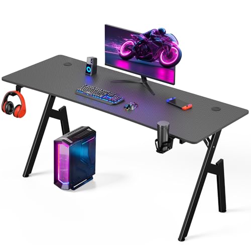 Warmiehomy Gaming Desk 160 x 60cm, Computer Desk with Headphone Hook,Cup Holder and Mouse Pad, A-Shaped Gaming Table for Home Office, Bedroom, Black