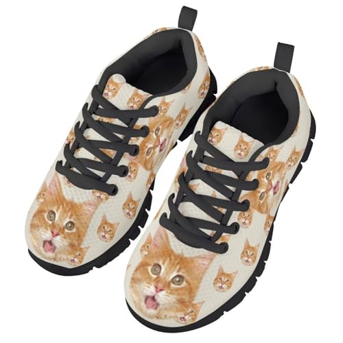 Kid Girl Mesh Sports Shoe Cute Cat Print Sneaker Lace Up Lightweight Breathable Athletic Running Tennis Shoe US11-52