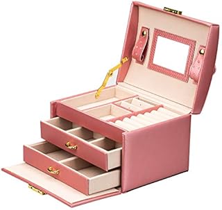 ADEL DREAM Jewellery Box Lockable 3 Tier with 2 Drawers with Mirror for Rings, Earrings, Necklaces and Bracelets (Pink)