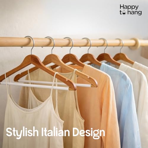 Image of Happy To Hang Timber Wooden Hangers | Premium Wooden Hanger Set with Non-Slip Bar & 360 Swivel Chrome Hook | Heavy-Duty Cloth Hangers for Shirts, Suits, Sarees & Wardrobe Storage | Pack of 16