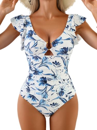 Image of Eomenie Womens Ruffled One Piece Swimsuit Slimming Tummy Control Bathing Suit V-Neck Cutout Swimwear for Resort Wear