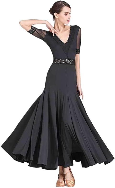 HEARTTOUCH Women's Long Ballroom Dance Dress Swing Skirt Modern Waltz Tango Dresses for Dance Competition Performances Events