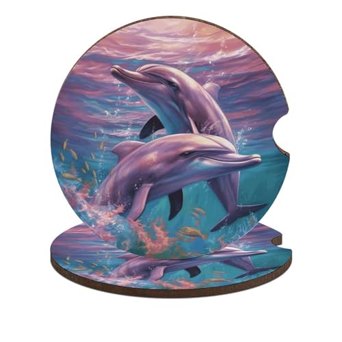 Posavasos de Madera para Auto con Diseño Delfines, 2 piezas miniatura 1