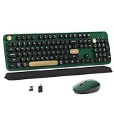 MPTOG Colorful Wireless Computer Keyboard and Mouse Combo with Round Typewriter Keycaps, Retro Design, Power Switch, Ergonomic Design, 2.4GHz Wireless for Windows, Mac, PC(Dark Green)