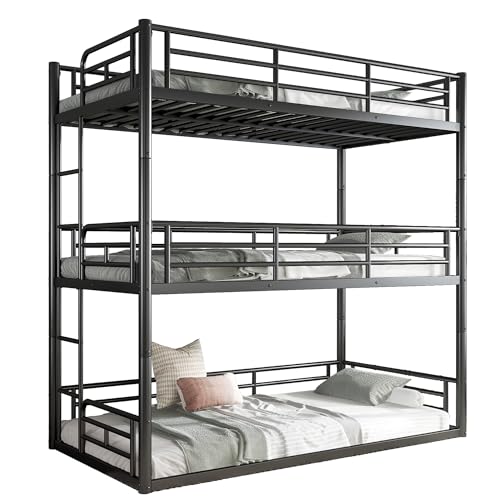 Image of Twin Over Twin Over Twin Bunk Bed with Safety Guardrails, Modern Metal Triple Bed Frame for Kids, No Box Spring Required, Black