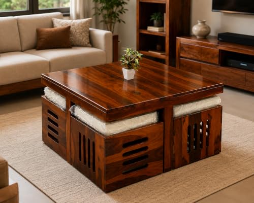 Image of Coffee Table with 4 Stools, Walnut Finish | Sheesham Wood, For Living Room, Wooden Center Teapoy Table