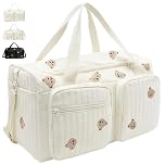 Gonggi Large Baby Changing & Hospital Maternity Bag, Cotton Mommy Diaper Tote Bags with Embroidery Large Capacity Multiple Soft Nappy Bag Lightweight Travel Duffel Bags with Shoulder Strap