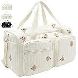 Gonggi Large Baby Changing & Hospital Maternity Bag, Cotton Mommy Diaper Tote Bags with Embroidery for Trave, Large Capacity Multiple Soft Nappy Bag Lightweight Travel Duffel Bags with Shoulder Strap