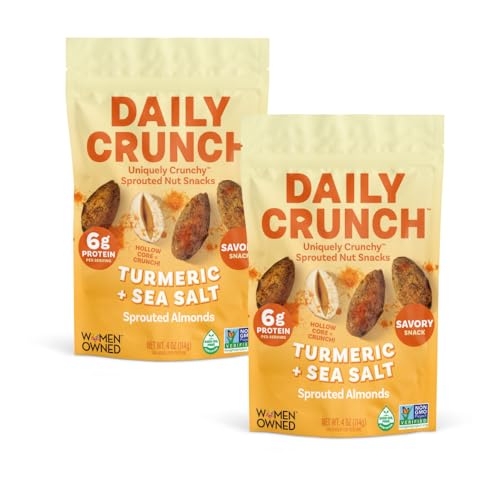 Image of Daily Crunch Sprouted Almonds and Dehydrated nuts for a Unique Crunch, Keto Friendly, Non-GMO Zero Seed Oils, Gluten Free4oz (2 Pack, Turmeric + Sea Salt)