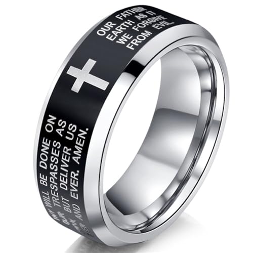 Fashion Month Womens 6mm Tungsten Carbide Black Ring Engraved English Bible Lords Prayer Cross White Band Ring for Her Size 6