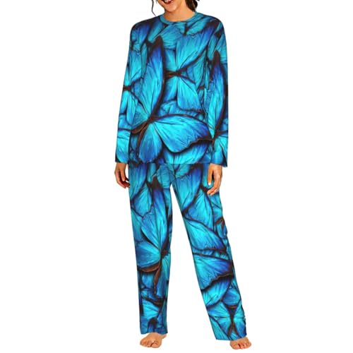 Pyjama assorti femme papillon bleu avec pantalon élastique confortable