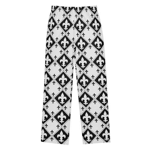 Black and White Fleur De Lis Boys Long Pants Soft Trousers Elastic Waist Kids Lounge Bottoms with Pockets S-XL