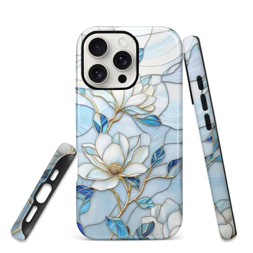 HCTYKHVTYS for iPhone 14 Pro Max Case,2-Layer Protection with TPU Silicone and Pc Hard Shell, Anti-Drop, Matte and Wear-Resistant - Blue Magnolia Stained Glass